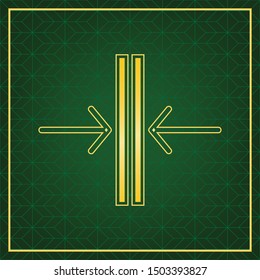 Sliding door, automatic door sign. Golden icon with gold contour at dark green gridded white background. Illustration.