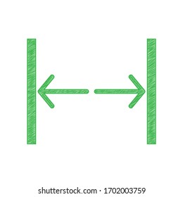 Puerta corredera, señal de puerta automática. Ícono de garabato verde con contorno sólido sobre fondo blanco.  Ilustración.