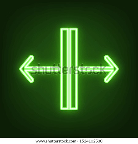 Sliding door, automatic door sign. Green neon icon in the dark. Blurred lightening. Illustration.