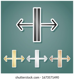 Puerta corredera, señal de puerta automática. Conjunto de íconos metálicos con gradiente gris, dorado, plata y bronce con contorno blanco y sombra en fondo viridán. Ilustración.