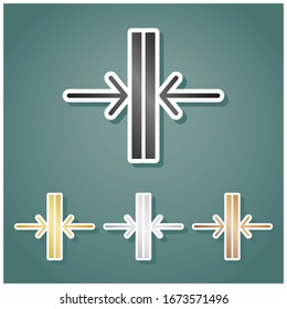 Schiebetür, automatisches Türzeichen. Satz von metallischen Symbolen mit grauem, goldenem, silbernem und bronzem Farbverlauf mit weißer Kontur und Schatten auf viridfarbenem Hintergrund. Illustration.