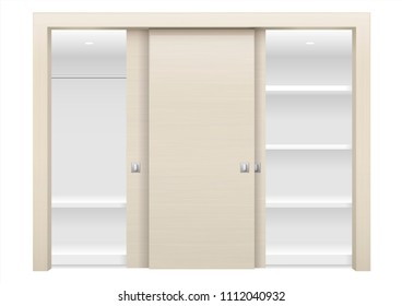 Sliding door wardrobe or dressing room, changing rooms, shop with a wood texture in vector graphics