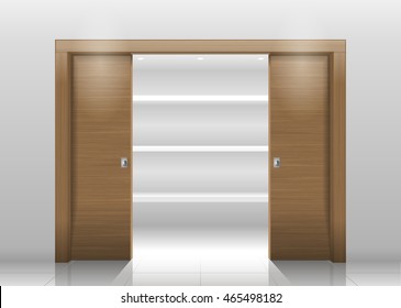 Sliding Door Wardrobe Or Dressing Room, Changing Rooms, Shop With A Wood Texture In Vector Graphics