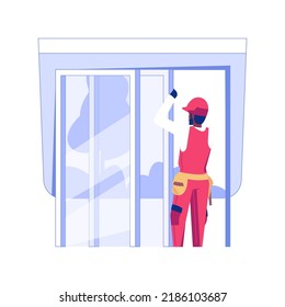 Sliding doors installation isolated concept vector illustration. Repairman installing a sliding door in new apartments, house building, residential construction, interior works vector concept.