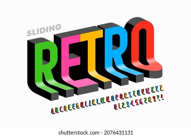 Sliding down retro style 3d font, colorful alphabet letters and numbers vector illustration