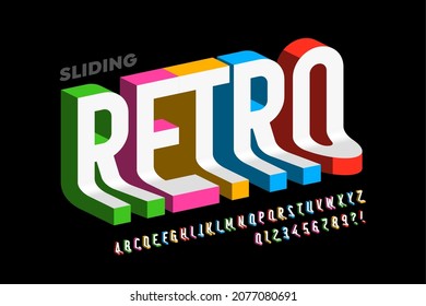 Sliding down retro style 3d font, colorful alphabet letters and numbers vector illustration