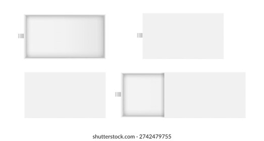 Sliding packaging box mockups set, views from bottom. Vector realistic drawers in open and closed positions. Presentation of branding concepts or package templates, logo placement or identity design