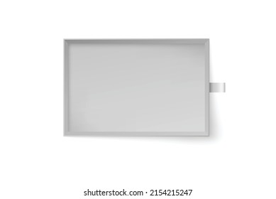 Sliding Part Of Cardboard Box With Pull Tab Template, Realistic Vector Illustration Isolated On White Background. White Blank Sliding Box Inner Container.