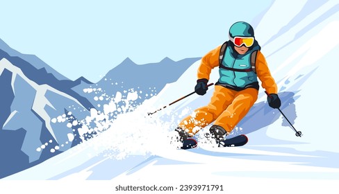 Sliding professional skier in orange warm sport suit with googles. Extreme downhill. Scenic picturesque mountain landscape. Winter holiday resort and vacation. Vector illustration