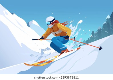 Sliding professional skier in orange warm sport suit with googles. Extreme downhill. Scenic picturesque mountain landscape. Winter holiday resort and vacation. Vector illustration