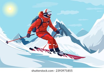 Esquiador profesional deslizante con traje deportivo rojo cálido con googles. Extrema cuesta abajo. Escenario paisaje pintoresco de montaña. Vacaciones y vacaciones de invierno. Ilustración del vector