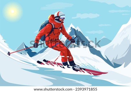 Sliding professional skier in red warm sport suit with googles. Extreme downhill. Scenic picturesque mountain landscape. Winter holiday resort and vacation. Vector illustration