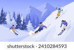 Sliding professional skier in warm sport suit with googles. Extreme downhill. Scenic picturesque mountain landscape. Winter holiday resort and vacation. Vector illustration