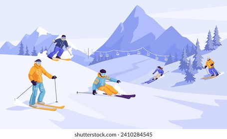 Sliding professional skier in warm sport suit with googles. Extreme downhill. Scenic picturesque mountain landscape. Winter holiday resort and vacation. Vector illustration