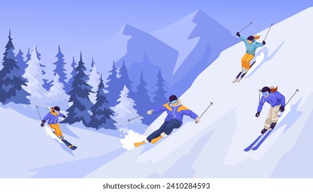 Sliding professional skier in warm sport suit with googles. Extreme downhill. Scenic picturesque mountain landscape. Winter holiday resort and vacation. Vector illustration