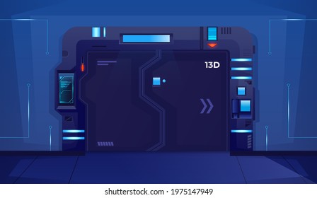 Sliding spaceship closed door with blue lamps. Background for games and mobile applications. Vector cartoon background