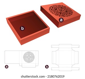 Sliding tin box with cover which has stenciled pattern window die cut template and 3D mockup