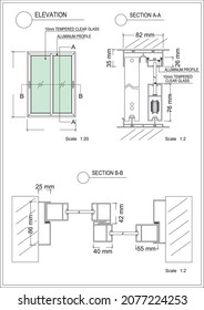 elevación de ventana deslizante y plan de sección con todos los detalles vector e imagen de alta calidad