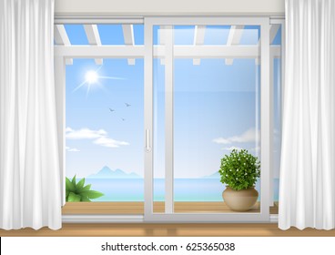 Sliding window of the hotel. View of the tropical bay. Resort. Vector graphics