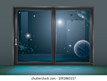 Sliding window of the space hotel. Concept. Space travel