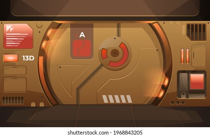 Sliding Yellow Spaceship Closed Door. Background For Games And Mobile Applications. Vector Cartoon Background