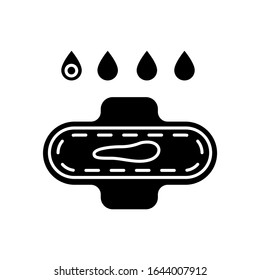 Leichte blutende schwarze Glyphe Symbol. Früheres Symptom einer Schwangerschaft. Menstruationszyklus. Bluttropfen. Zeitpolster für Frau. Hygiene und Hygiene. Silhouette-Symbol auf weißem Raum. Vektorillustration einzeln