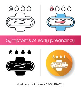 Slight bleeding icon. Early symptom of pregnancy. Menstrual cycle. Period pad. Female reproductive system health. Sanitary and hygiene. Linear black and RGB color styles. Isolated vector illustrations
