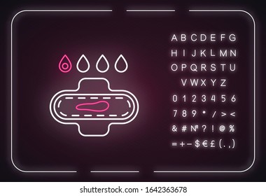 Slight bleeding neon light icon. Early symptom of pregnancy. Menstrual cycle. Sanitary, hygiene. Outer glowing effect. Sign with alphabet, numbers and symbols. Vector isolated RGB color illustration