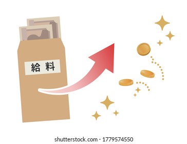 Un ligero aumento salarial. Bolsa de cheques de pago y dinero. Flecha arriba. Una imagen positiva. Dice "salario" en japonés.