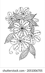 Slightly abstract bouquet of flowers, hand-drawn in doodles style, vector black and white illustration