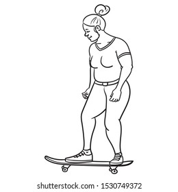 A slightly chubby woman is riding the skateboard. side view, fat, sport, fat, illustration, comic, illustration.