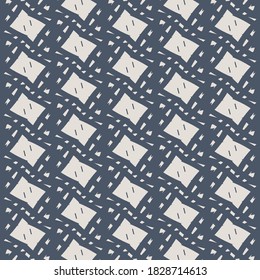 Slightly deformed white rectangles, arranged among small angular fragments, on blue background. Repetitive pattern. Textile design.