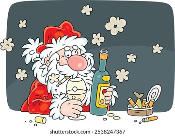 Slightly drunk Santa Claus smoking at his festive table with a wine bottle and a tin can of sprats with cigarette butts, vector cartoon illustration