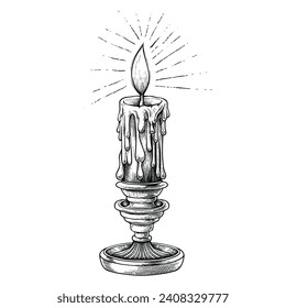 The Slightly Exhausted Candle Burns Brightly And Melts Engraving Pen and Ink Vintage Vector illustration