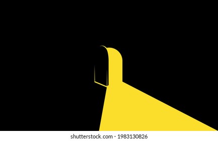 Slightly open door with light vector illustration.