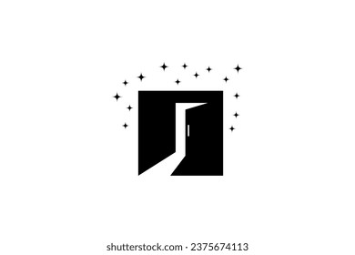 slightly open door logo in negative space version decorated with stars