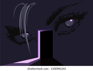 a slightly open door, from which the light falls, demonic eyes on a dark background