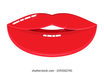 A slightly open female mouth with red lips painted on. The stylized image. Flat. Icon, symbol, emblem, pictogram. Vector illustration