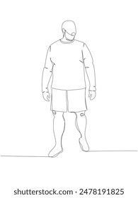 Leicht praller Mann im Trainingsanzug One Line Art. Kontinuierliche Linienzeichnung des Körpers positiv, übergewichtig, plus Größe Modell, XL, Gesundheit, Mode, Selbstakzeptanz.