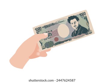 Ilustración ligeramente realista de Hideyo Noguchi sosteniendo un viejo billete de 1.000 yenes en la mano