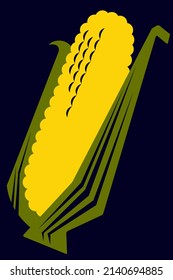 A slightly rough and primitive drawing of a yellow corn cob in a few green leaves