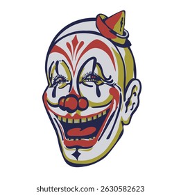 Slightly scary traditional clown face vintage drawing in muted circus colours
