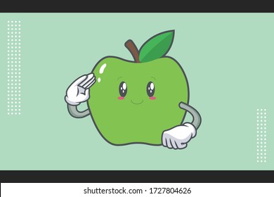 SLIGHTLY SMILE FACE, SLIGHTLY, SMILING Face Emotion. Salute Hand Gesture. Green Apple Cartoon Mascot Illustration