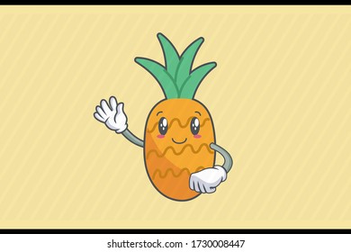 SLIGHTLY SMILE FACE, SLIGHTLY, SMILING Face Emotion. Waving Hand Gesture. Pineapple Fruit Cartoon Drawn Mascot Illustration.