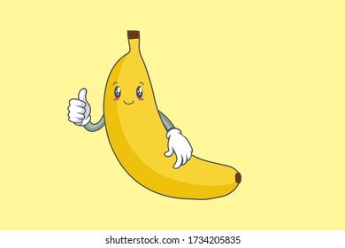 SLIGHTLY SMILE FACE, SLIGHTLY, SMILING Face Emotion. Thumb Up Hand Gesture. Banana Fruit Cartoon Drawn Mascot Illustration.
