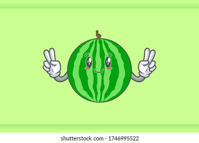 CARA LIGERAMENTE SONRIENTE, LIGERAMENTE, SONRIENTE Emoción facial. Gesto De Mano De Paz Doble. Dibujo de dibujos de mascotas con dibujos animados con frutas de sandía.