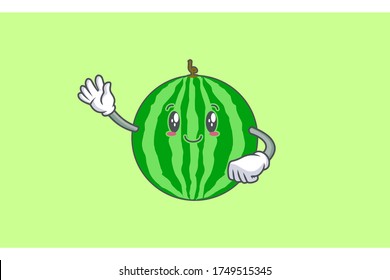 SLIGHTLY SMILE FACE, SLIGHTLY, SMILING Face Emotion. Waving Hand Gesture. Watermelon Fruit Cartoon Drawing Mascot Illustration.