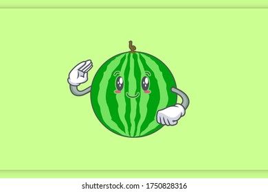 SLIGHTLY SMILE FACE, SLIGHTLY, SMILING Face Emotion. Salute Hand Gesture. Watermelon Fruit Cartoon Drawing Mascot Illustration.
