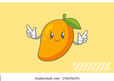SLIGHTLY SMILE FACE, SLIGHTLY, SMILING Face Emotion. Double Forefinger Handgun Hand Gesture. Yellow Mango Fruit Cartoon Drawing Mascot Illustration.