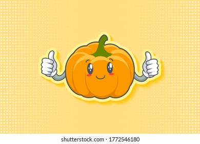 SLIGHTLY SMILE FACE, SLIGHTLY, SMILING Face Emotion. Double Thumb Up Hand Gesture. Yellow, Orange Pumpkin Fruit Cartoon Drawing Mascot Illustration.